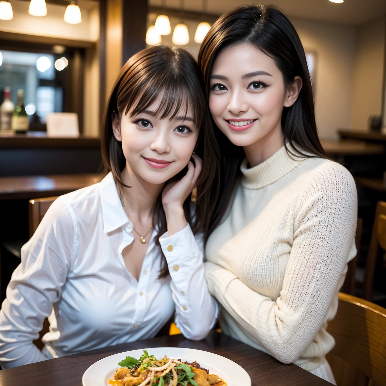 ((Highest quality、8K、masterpiece:1.3))、cute、slimカップル、modelカップル、actress男優、(Realistic, Intricate details:1.2), full-course dinner、Wine Party、Amazing view of the sunset sky and clouds、A bright smile、short hair,Bright Face、 (Age 37), Age 42, red wine 、Appetizers、Italian food、Wine bottle、Champagne、sparkling wine、Two beauties、Brown Hair、Shortcuts、Long sleeve shirt、dress、Beautiful woman 1, (slimな顔), (The body is slim), (Brown Hair), (Shortcuts), cheeks turn a little red,Attractive beauty、restaurant, In a prominent place (From the waist up) Nova Frog Style, actress, model, Upper Body, White wine, slim, wine glass, 中央に置かれたwine glass, smile, (smile: 1.15), Beautiful fine grain, Depth f/2,saturation, High Contrast, Strong light and shadow,Moist Body:1.5、3D texture、Delicate eyes、Brown Hair、The hair is very shiny、