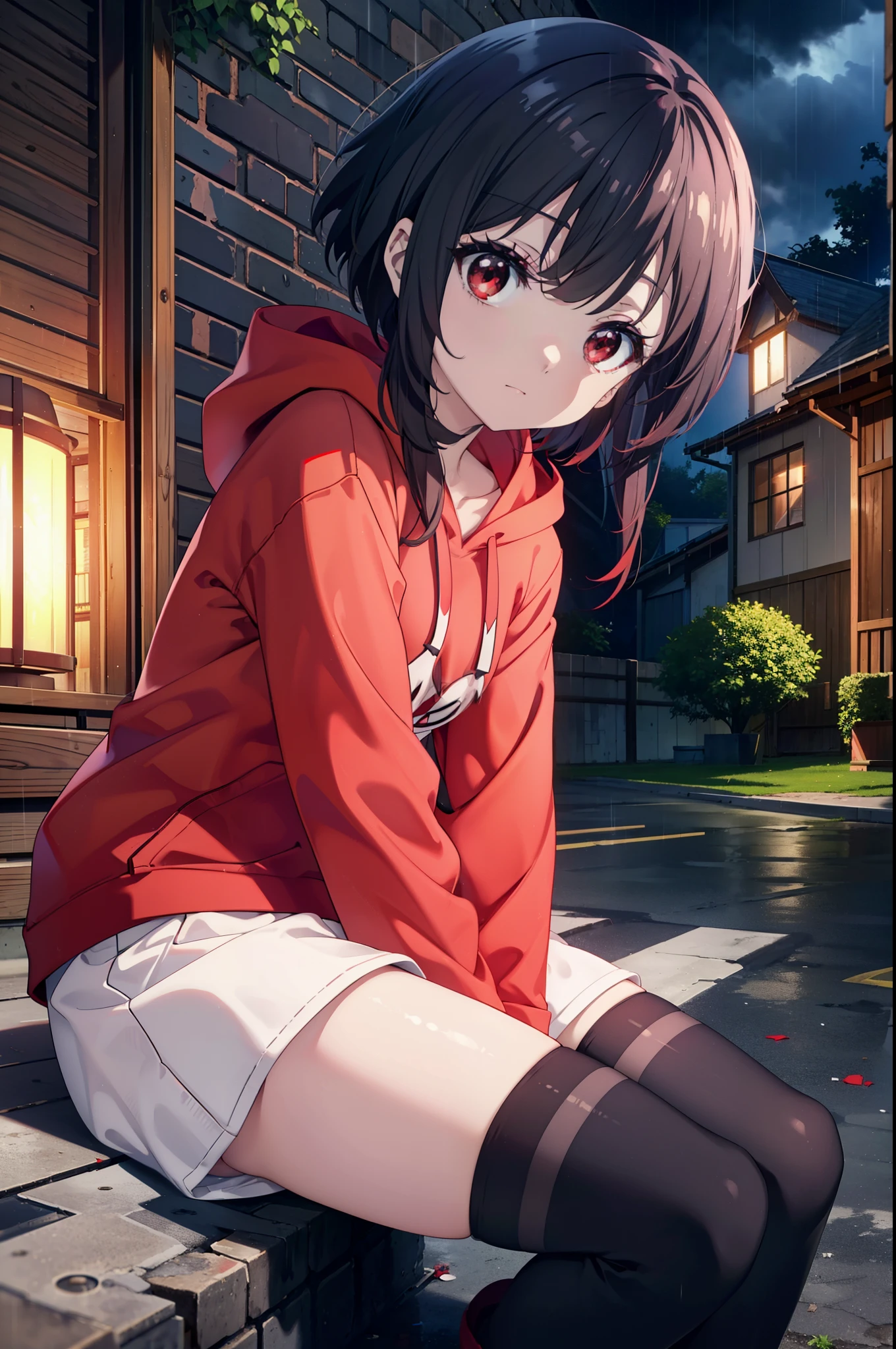 konosubaMegumin, Megumin, short hair, Black Hair, (Red eyes:1.3), short hair with long locks,Oversized red hoodie,Baseball hats,Shorts,White pantyhose,short boots,night,rain,cloudy,Hiding in a roofed building,Sitting on the stairs,whole bodyがイラストに入るように,
break indoors ,Alley,
break looking at viewer, whole body,
break (masterpiece:1.2), Highest quality, High resolution, unity 8k wallpaper, (figure:0.8), (Beautiful attention to detail:1.6), Highly detailed face, Perfect lighting, Highly detailed CG, (Perfect hands, Perfect Anatomy),