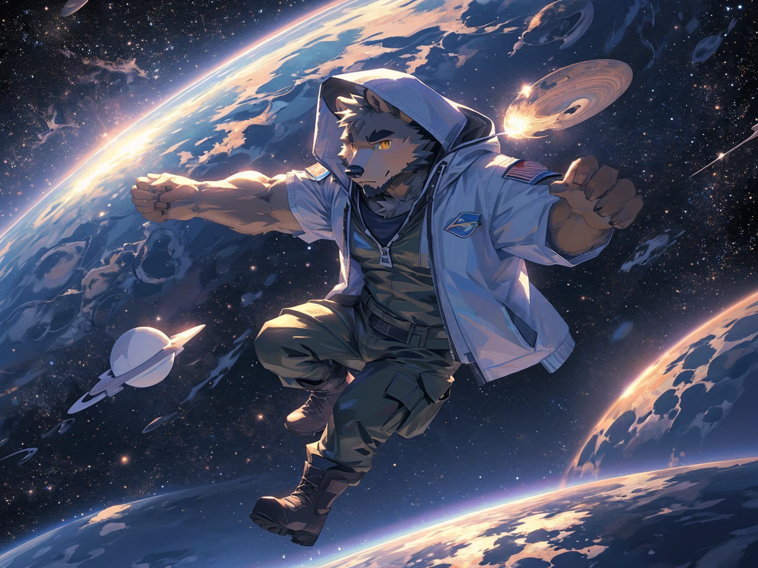(masterpiece:1.2), best quality,pixiv,official art,perfect anatomy, (Ray tracing, light),solo, (1_male:1.3) , (muscle), (grey fur:1.4), (muscle bear), (beard:1.2), (gleaming golden eyes), bear tail, full body, Thick black eyebrows,(open hooded parka), (cargo pants:1.2), boots , (in the space:1.3) , star , planet , earth , asteroid , (character floating :1.3)