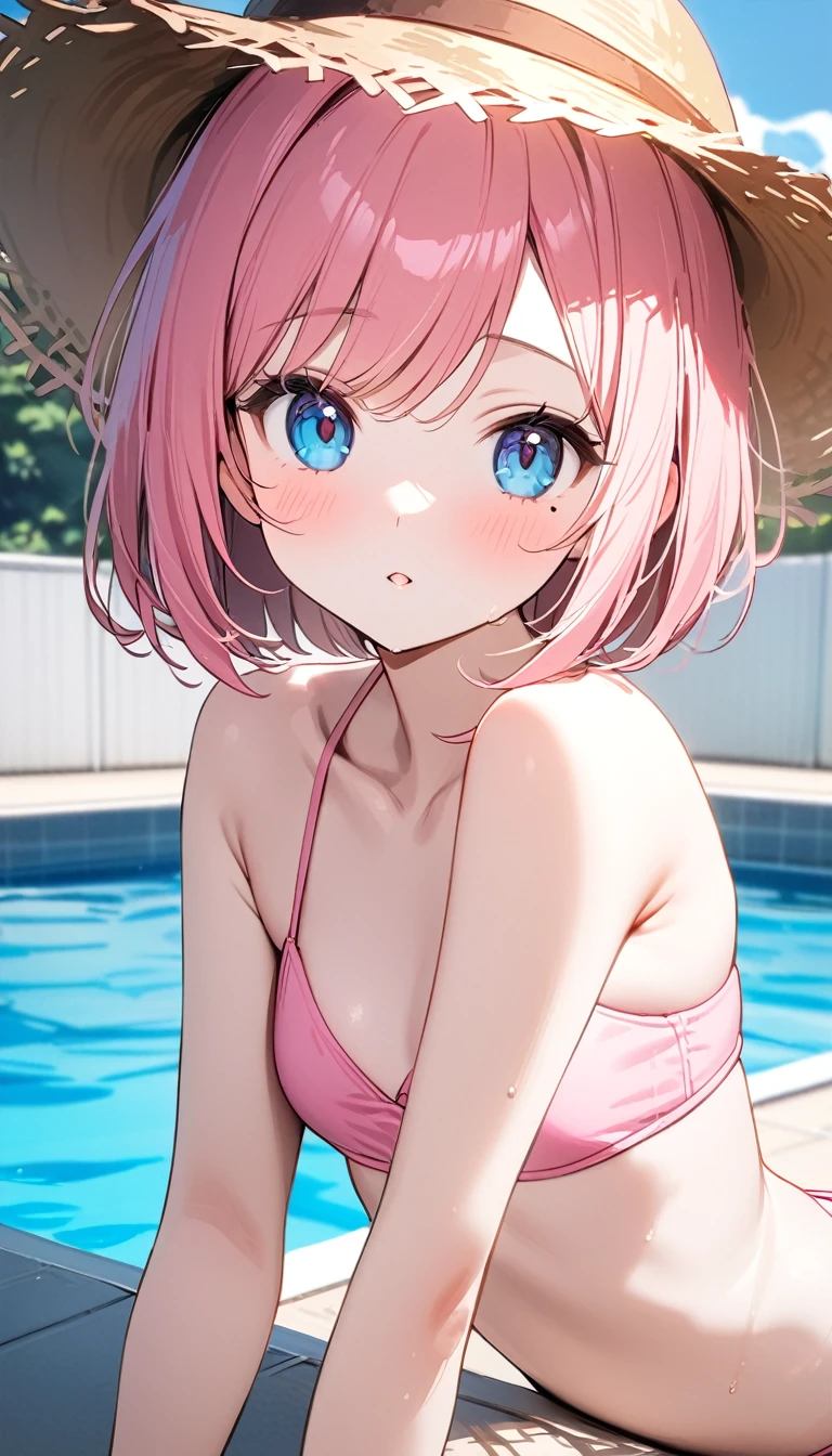 (1 girl),(Best Picture Quality, 8K, Masterpiece:1.3), (18year:1.5), ((pink lob hair:1.1)), (bob cut),(swept bangs), (cute eyes, pupil black, iris skyblue, youthful face), (mole under right eye), (standard weight), (small breasts), (glistening skin:1.1),(pale skin:1.2), (poolside), ((pink Tank-top bikini)),((straw hat)).