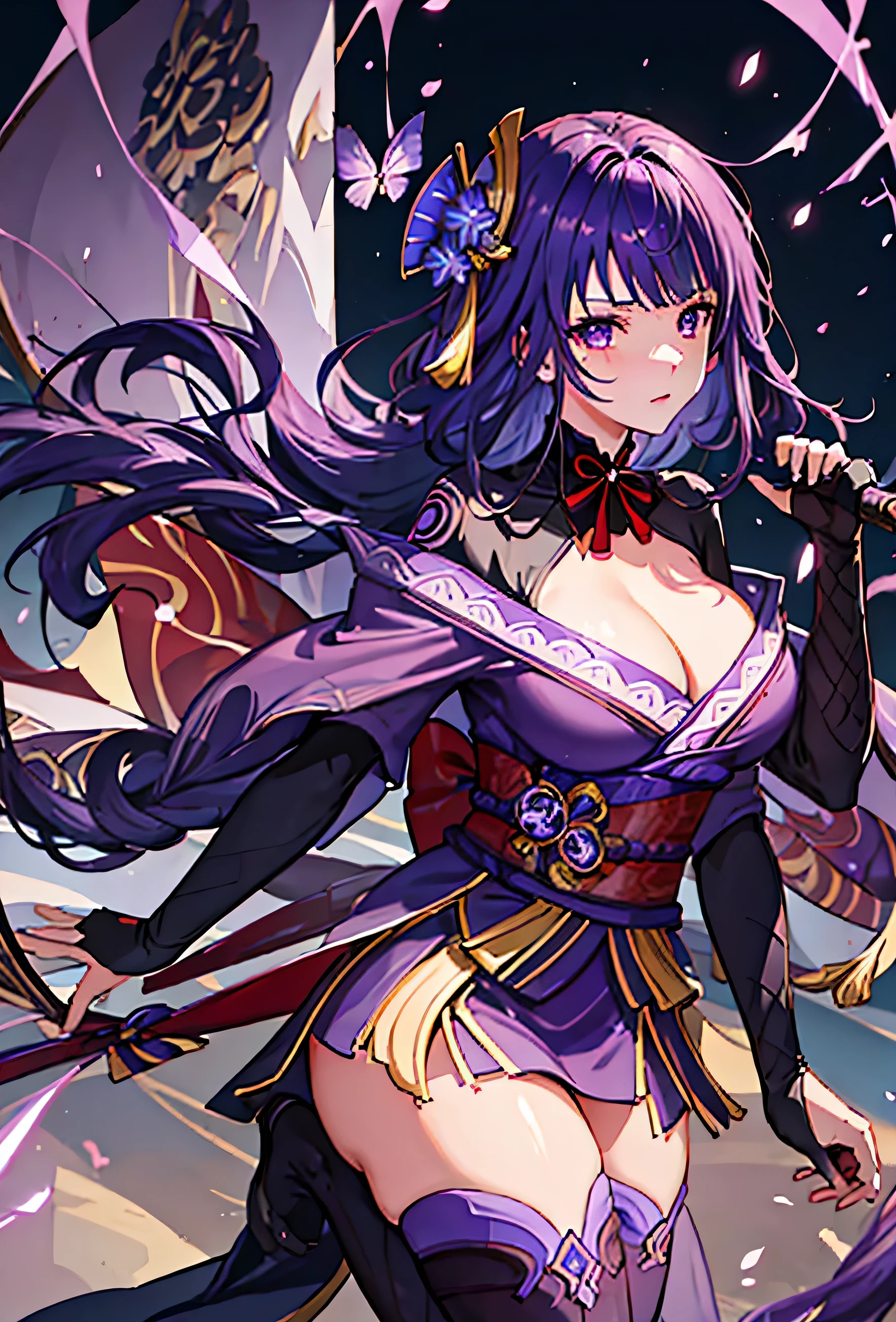 masterpiece, high-quality, 8k resolution, solo, 1 woman, dark violet hair, beauty mark, body suit under kimono, kanzashi, lavender kimono, tomoe decorations, obi, cleavage, big breast, purple eyes, Genshin Impact Raiden Shogun, Ei,
