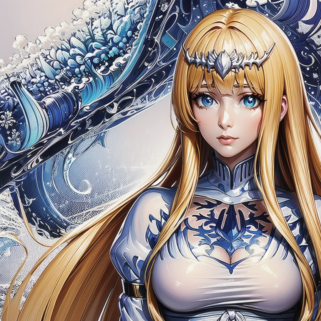 (masterpiece, top quality, best quality, official art, beautiful and aesthetic:1.2),  extreme detailed,(fractal art:1.3),colorful,highest detailed, 1girl,solo, calca, blonde hair, ,( extremely long hair:1.2), very long hair, extra long hair, white tiara, white dress, blue eyes,Calca Bessarez, medium breast,Calca,