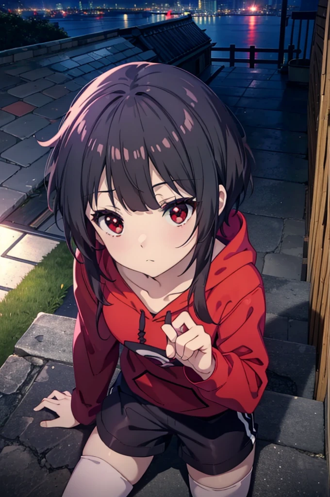 konosubaMegumin, Megumin, short hair, Black Hair, (Red eyes:1.3), short hair with long locks,Oversized red hoodie,Baseball hats,Shorts,White pantyhose,short boots,night,rain,cloudy,Hiding in a roofed building,Sitting on the stairs,whole bodyがイラストに入るように,
break indoors ,Alley,
break looking at viewer, whole body,
break (masterpiece:1.2), Highest quality, High resolution, unity 8k wallpaper, (figure:0.8), (Beautiful attention to detail:1.6), Highly detailed face, Perfect lighting, Highly detailed CG, (Perfect hands, Perfect Anatomy),