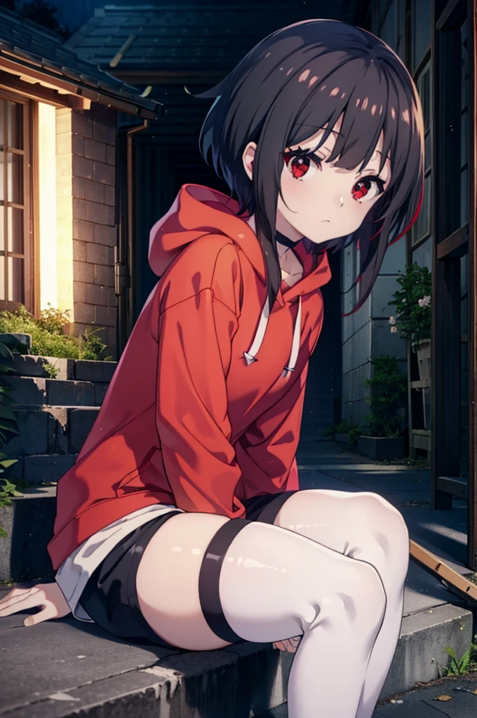 konosubaMegumin, Megumin, short hair, Black Hair, (Red eyes:1.3), short hair with long locks,Oversized red hoodie,Baseball hats,Shorts,White pantyhose,short boots,night,rain,cloudy,Hiding in a roofed building,Sitting on the stairs,whole bodyがイラストに入るように,
break indoors ,Alley,
break looking at viewer, whole body,
break (masterpiece:1.2), Highest quality, High resolution, unity 8k wallpaper, (figure:0.8), (Beautiful attention to detail:1.6), Highly detailed face, Perfect lighting, Highly detailed CG, (Perfect hands, Perfect Anatomy),