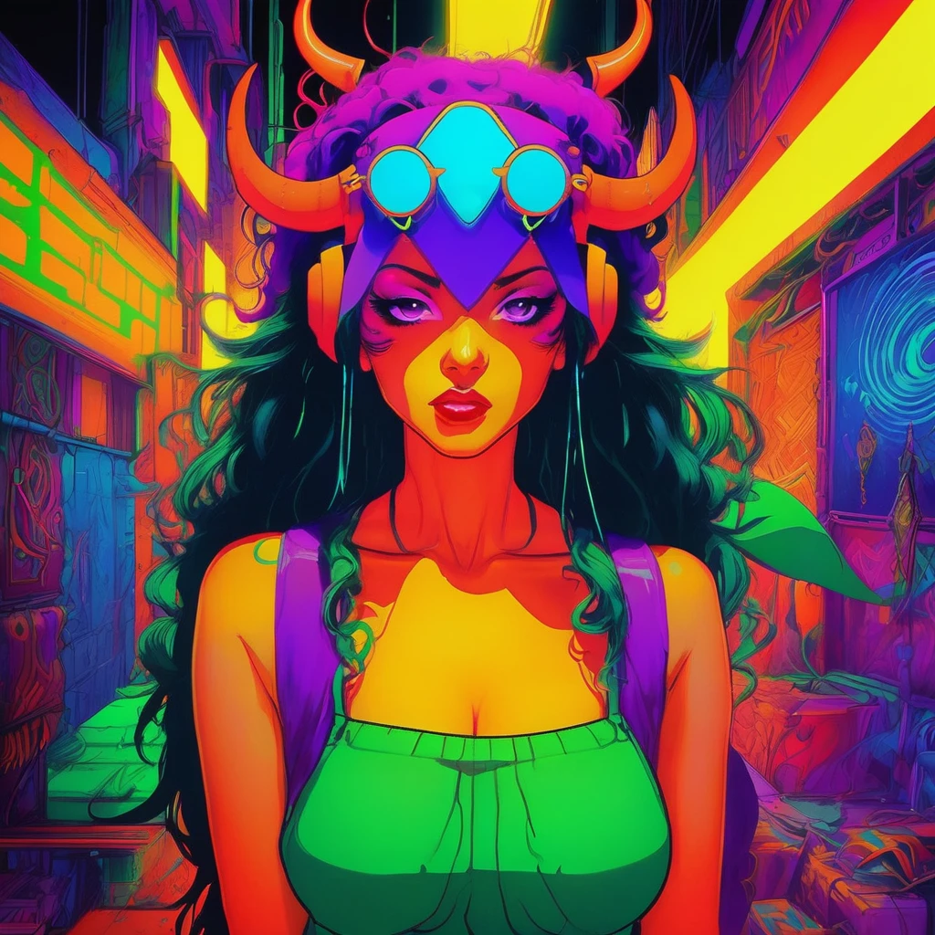 portrait | wide angle shot of eyes off to one side of frame, devil girl, demon, long long hair, looking off in distance ::8 style | daydreampunk with glowing skin and eyes, styled in headdress, beautiful evil, she is dripping in neon warm neon lights, very colorful yellow, red, green, orange, glowing ::8 background | cyberpunki alley, vivid neon wonderland, sparkles, particles, blue, green, purple ::7 parameters | rule of thirds, golden ratio, assymetric composition, hyper- maximalist, octane render, photorealism, cinematic realism, unreal engine, 8k