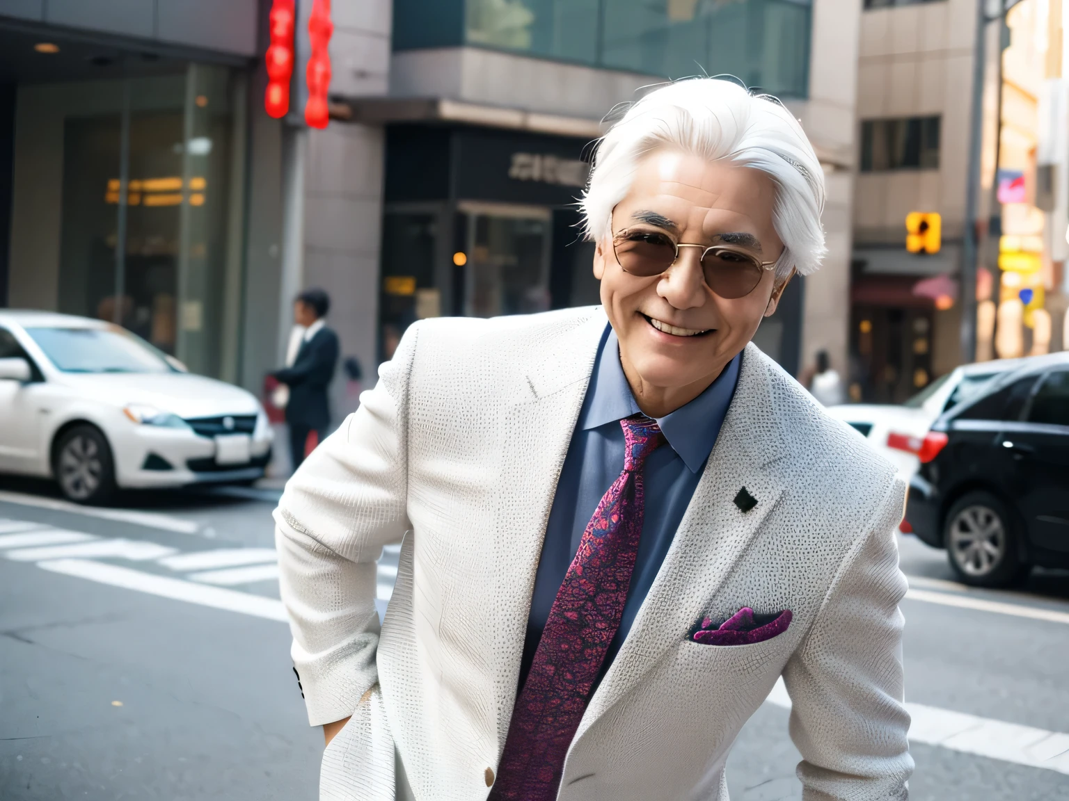 Japanese, senior, man, white hair, colorful suit, sunglasses, smile, downtown, daytime
