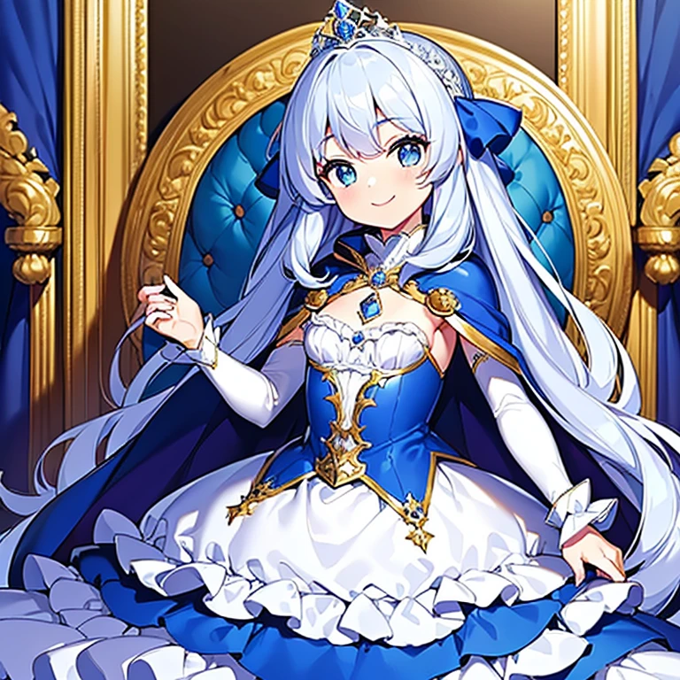 looking at viewer, upper body,(masterpiece),(best quality),(rococo style),(long train blue cape:1.15), very long cape,(long train white ball gown with flower decorations:1.1), a girl is wearing a cape over her gown, 1 little princess, tiara, smile, very long hair, small breasts