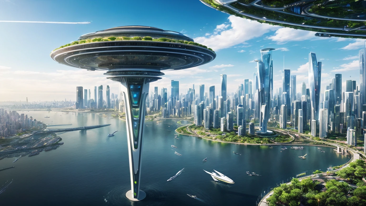 (Best quality,4K,8K,A high resolution,Masterpiece:1.2),Ultra-detailed,(Realistic,Photorealistic,photo-realistic:1.37),Futuristic floating city,Futuristic technology,Huge urban high-tech tablet platform,Airship,Floating in the sky,Futuristic city,Small airships around,High-tech hemispherical platform,Colorful lights,Advanced architecture,modernn architecture,skyscrapper,Access the cloud,Scenic beauty,view over city,Impressive design,Blend seamlessly with nature,energetic and vibrant atmosphere,Futuristic transportation system,Parking is suspended,Transparent path,Lush greenery,Sky gardens,cascading waterfalls,Magnificent skyline,reflections on the water,Sparkling river,Architectural innovation,futuristic skyscrapers,Transparent dome,The shape of the building is unusual,Elevated walkway,Impressive skyline,Glowing lights,Futuristic technology,Minimalist design,Scenic spots,Panoramic view,Cloud Piercing Tower,Vibrant colors,epic sunrise,epic sunset,Dazzling light display,magical ambiance,The future city,Urban Utopia,LuxuryLifestyle,Innovative energy,sustainable development,Smart city technology,Advanced infrastructure,Tranquil atmosphere,Nature and technology live in harmony,Awesome cityscape,Unprecedented urban planning,Architecture connects seamlessly with nature,High-tech metropolis,A cutting-edge engineering marvel,The future of urban living,Visionary architectural concept,Energy-efficient buildings,Harmony with the environment,A city floating above the clouds,Utopian dreams become reality,The possibilities are endless,State-of-the-art transportation network,Green energy integration,Innovative materials,Impressive holographic display,Advanced communication system,Breathtaking aerial view,Quiet and peaceful environment,Modernist aesthetics,Ethereal beauty