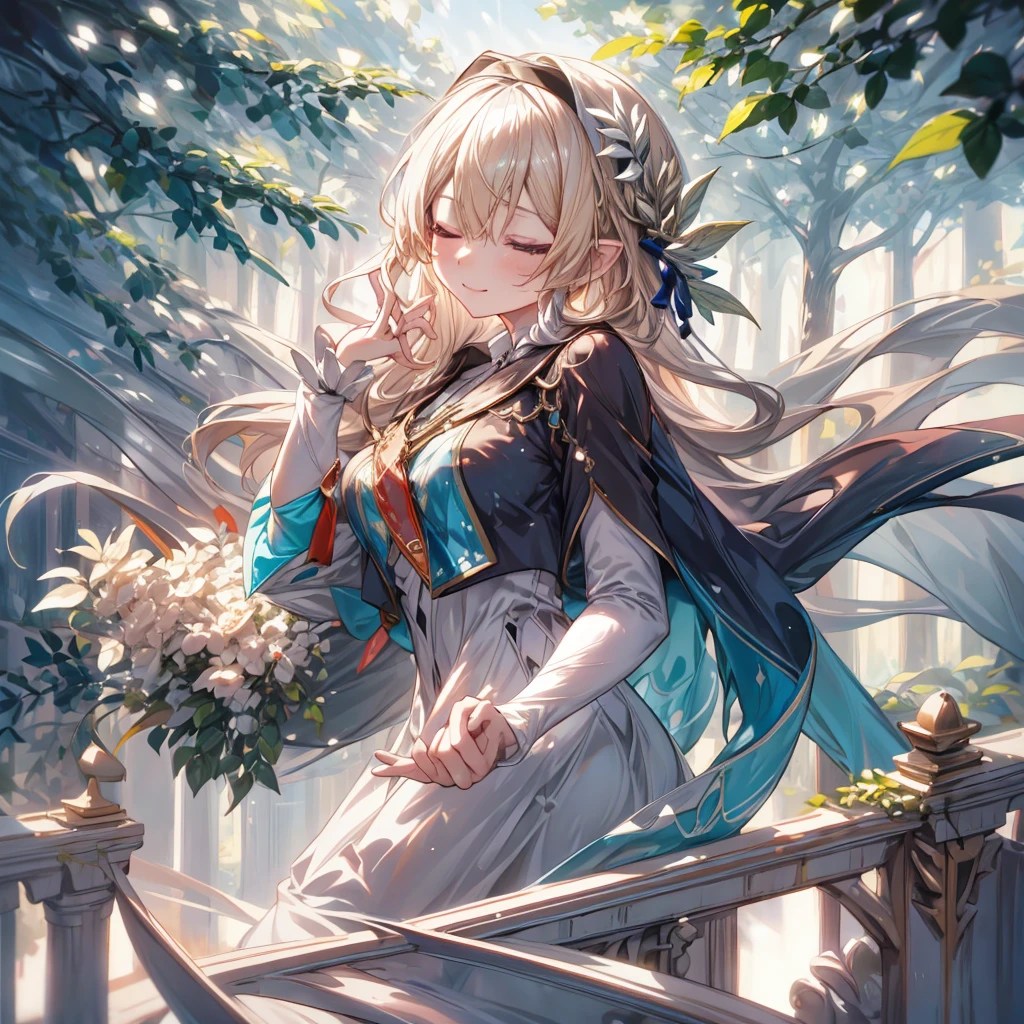((Highest quality)), ((masterpiece)), ((detailed)), 1woman, elf, 独奏, blonde hair, long hair, large breasts, white dress, light smile, closed eyes, fantasy, forest, water