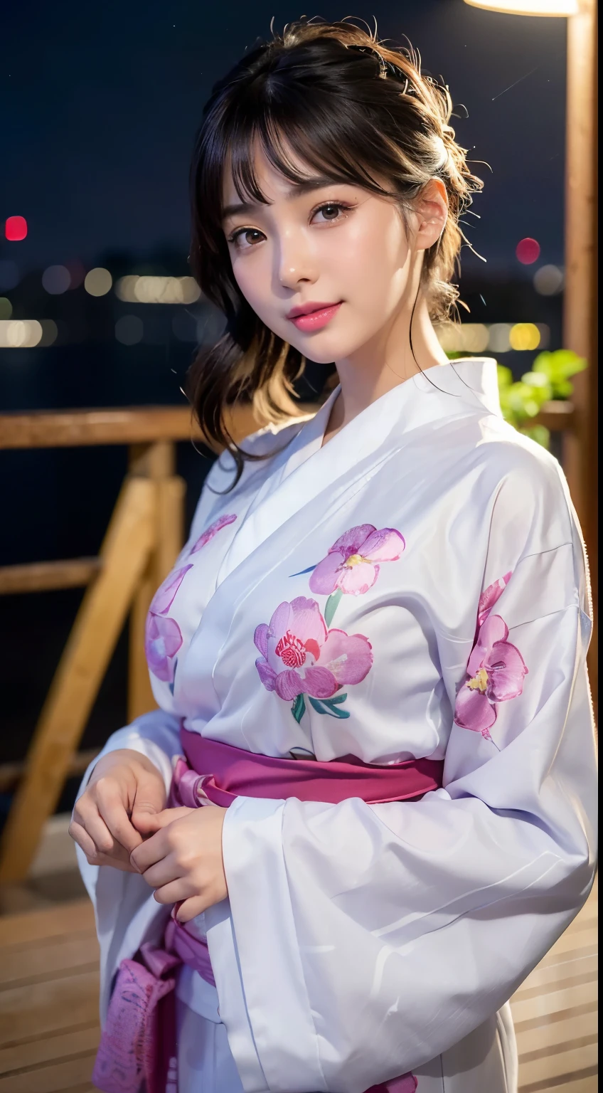 (logo、masterpiece、8K、Tabletop、RAW Photos、wonderful、最high quality、フォトリアリスティックでVery detailedな CG 複合 8K 壁紙、high quality、Very detailed、Narrative poem、Particle Effects、Dynamic Effects、Depth of the Boundary、Cinematic Light、Lens flare、Ray Tracing)、 (One beautiful woman wearing a yukata、White yukata、Light purple pattern)、Black-haired、High definition skin、Very fine、Fine skin texture、Beautiful Face、True Face、Beautiful details in the eyes、Realistic eyes、Beautifully detailed eyes、Realistic Skin、Beautiful Skin、Surreal、Smiling Eyes、Hair and light eyes、vivid、Colorful lights and bokeh、plump lower lip、Pink Lips、Hair flutters in Wind、Hair bounces、wonderful景色、night、evening、Wind、moonlight、moonlight、light