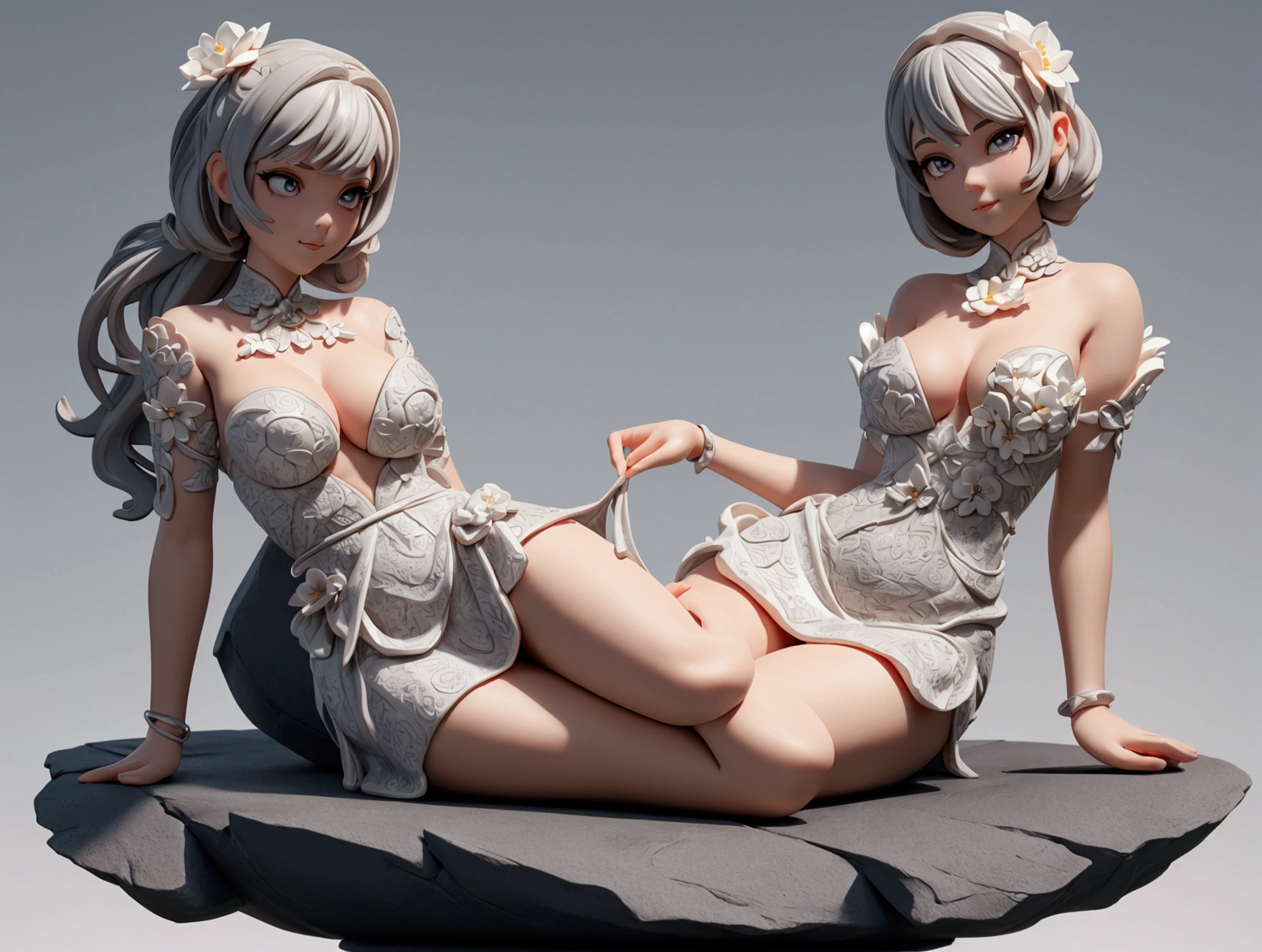 3d printed figurine, an elegant lady sitting on a rock base with flower clothes on, half lying pose, beautiful thick lady, big , thick thigs, slim waist, extremely detailed and beautiful, elegant and sexy, bare chest, beautiful sculpture, 3d printed, zbrush, zbrush (medium), miniature style, beautiful colors, 3d printed on a base, full body, ultra detailed base made of rocks, plants around, plain grey background