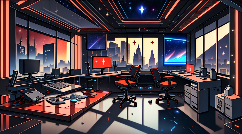 Warm light source Cyberpunk Calm night Tech bedroom Computer desk Microphone light Computer water dispenser Small fluorescent Starry sky Smooth floor Red fox Deconstructivism Fragmentation Gorgeous sculpture Floor-to-ceiling windows Light bed Camera chair Game interface Crimson Dark environment Ambilight