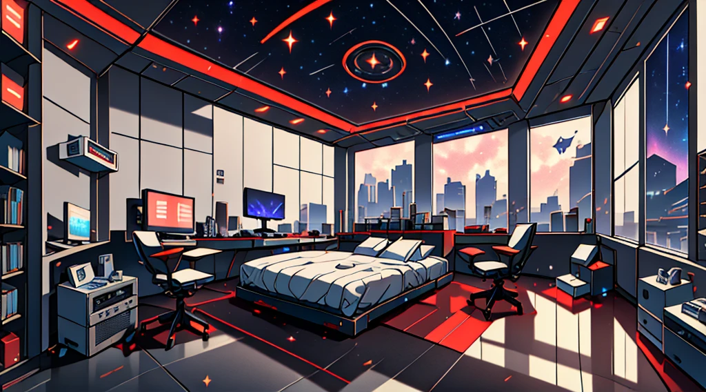 Warm light source Cyberpunk Calm night Tech bedroom Computer desk Microphone light Computer water dispenser Small fluorescent Starry sky Smooth floor Red fox Deconstructivism Fragmentation Gorgeous sculpture Floor-to-ceiling windows Light bed Camera chair Game interface Crimson Dark environment Ambilight