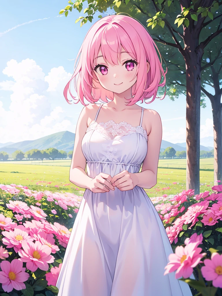 Highest quality, masterpiece, Ultra-high resolution (Realistic: 1.4), RAW Photos, 1 Girl, White Dress, Bare shoulders, A field full of pink flowers, Glowing Skin, smile