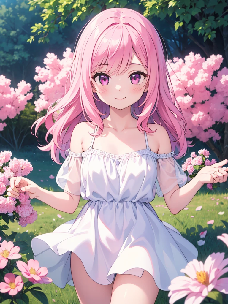 Highest quality, masterpiece, Ultra-high resolution (Realistic: 1.4), RAW Photos, 1 Girl, White Dress, Bare shoulders, A field full of pink flowers, Glowing Skin, smile