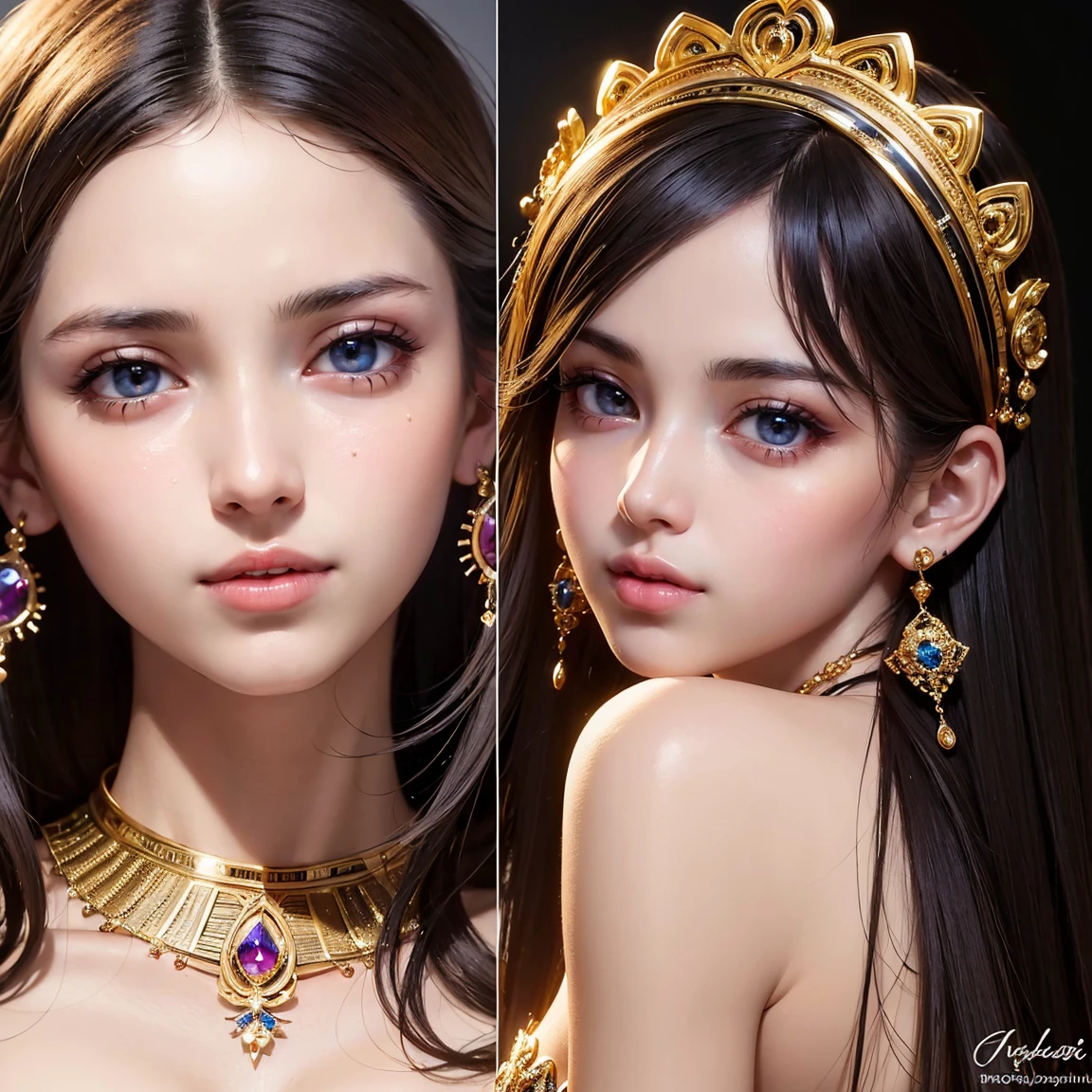 NSFW, (masterpiece, best quality:1.5), ultra detailed, high resolution, 16k, the most beautiful face in the world, perfect face, delicate facial features, highly detailed beautiful face and eyes, shiny skin, highly detailed background, elaborately designed clothes, fine cloth texture, BREAK, the incarnation of beauty, goddess of beauty, incredibly beautiful close-up macro photos of gorgeous and stunning face, highest princess in gorgeous and luxurious jewelry, perfect make-up, deeply in love, best smile, full of elegance, (three view drawing, front and back and side, character sheet:1.3)