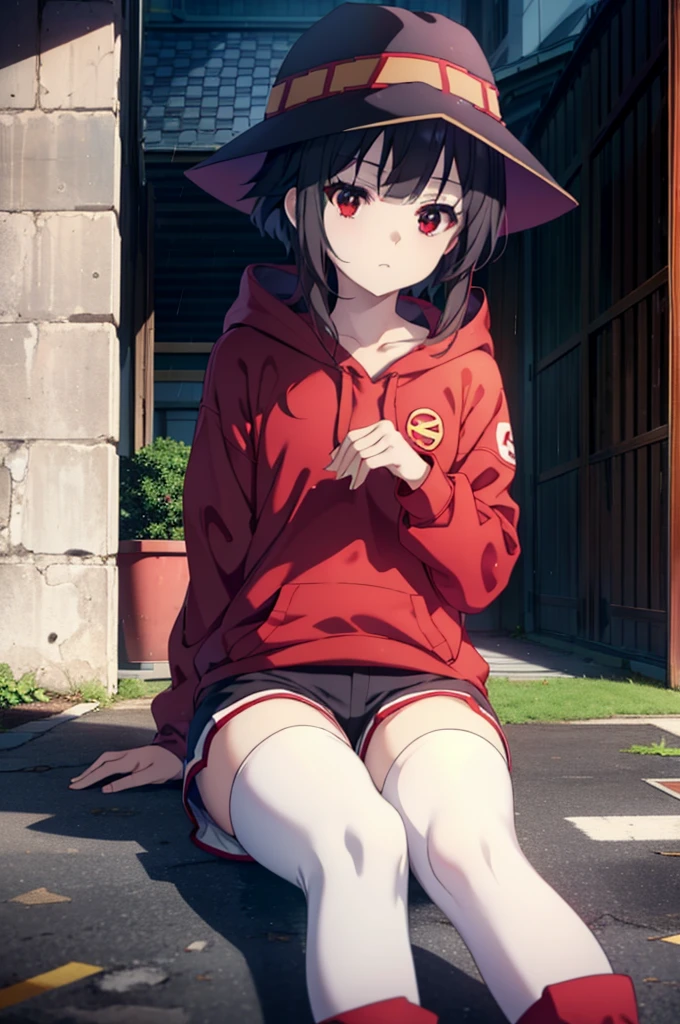 konosubaMegumin, Megumin, short hair, Black Hair, (Red eyes:1.3), short hair with long locks,Oversized red hoodie,Baseball hats,Shorts,White pantyhose,short boots,night,rain,cloudy,Hiding in a roofed building,Sitting on the stairs,whole bodyがイラストに入るように,
break indoors ,Alley,
break looking at viewer, whole body,
break (masterpiece:1.2), Highest quality, High resolution, unity 8k wallpaper, (figure:0.8), (Beautiful attention to detail:1.6), Highly detailed face, Perfect lighting, Highly detailed CG, (Perfect hands, Perfect ???????),