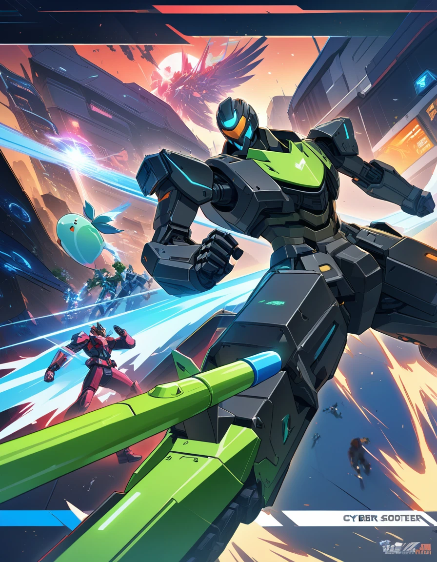 A giant, fierce pea shooter battles a mecha monster,Cartoon Character,在fighting,,Fight,sideways,In the War,Character art相反游戏角色, high tech,In the future world,fighting,Magic Attacks,Exciting showdown,game character art, Character art, Qataghting,Poster Art,World,fighting中,Game Petx,Cyber,Punk background,Sci-fi style,comics,Pea shooter battle,Plant Warfare,Candy City,Future Sci-Fi Candy,The world of desserts