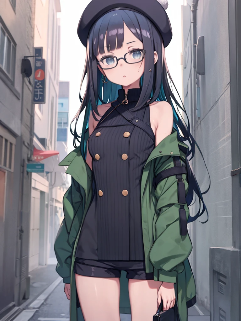 One girl, bangs, Bare shoulders, beret, Black Hair, black Shorts, Blue Hair, bracelet, chest, button, Inner hair color, Double-breasted, Glasses removed, Green hat, green Jacket, Grey Eyes, Grey Sky, Have, Jacket, jewelry, Long Hair, View your viewers, Multicolored Hair, Neck Ring, O-ring, Off the shoulder, rain, Round Glasses, Shorts, Side Lock, , alone, sunglasses, Wavy Hair, Wet, zipper,(masterpiece,anime,newest,new,Exceptional:1.2),