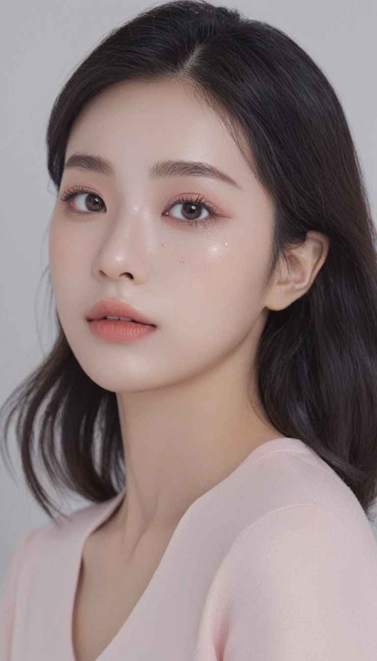 ultra wide shoot, front photo, elegant woman, (Photorealsitic)、(intricate detailes:1.2)、(masterpiece、:1.3)、beauty face, (top-quality:1.4)、(超A high resolution:1.2)、超A high resolution、(A detailed eye)、(detailed facial features), ((Realistic lighting、top-quality、8K、natural light, masterpiece:1.3))、bright photo, Clear focus:1.2、1girl in、flawless beauty:1.4、Superfine Face、big Narrow-eyed、double eyelid、photos realistic, perfect eyes, perfect skin, detailed skin, detailed face, looking viewer, front view, potrait, raw photo, simple soft pink background, (intricate detailed skin textured:1.4) front view, looking viewer, clear face, 1 girl、porate、Bright and very beautiful face、beautiful girl, A stunning close-up portrait showcasing the beauty of a Korean model. The composition features soft, natural lighting , bright eyes, and striking cheekbones. Her glossy, The background is simply black background, smile, wear sweetshirt, neat hair, long hair, instagram model, profil picture, bright and natural