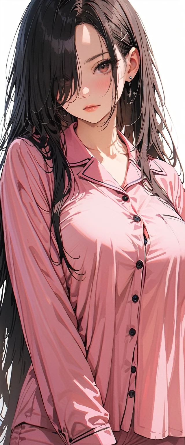 20 years old,1 mature woman,hyperrealistic, 8k, (extremely detailed 8k), (very delicate and beautiful), (masterpiece), (better quality:1.0), (ultra high resolution:1.0), (masterpiece, best quality),cute,black hair,cowboy shot,white background,realistic skin,model posing,big breasts,expressionless,hair over one eye,black nail,extra long hair,messy hair,pajamas