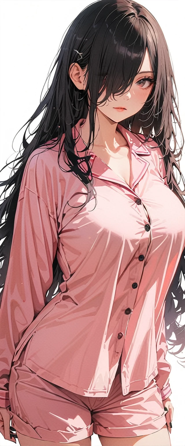 20 years old,1 mature woman,hyperrealistic, 8k, (extremely detailed 8k), (very delicate and beautiful), (masterpiece), (better quality:1.0), (ultra high resolution:1.0), (masterpiece, best quality),cute,black hair,cowboy shot,white background,realistic skin,model posing,big breasts,expressionless,hair over one eye,black nail,extra long hair,messy hair,pajamas