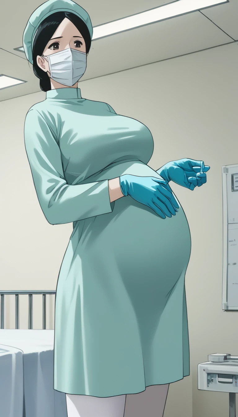 score_9,  score_8_up, score_7_up, source_anime, raw image, masterpiece, highest quality, kasuganoray, pale skin, shy eyes, long black hair, big breasts, scrubs, surgical mask, bouffant cap, long sleeve maternity dress, seamless, navel head, long white stockings,
1girl, pregnant, solo, long rubber gloves, looking down, furrowed brow, hospital bed, light shines from the ceiling, standing, patient room background, 