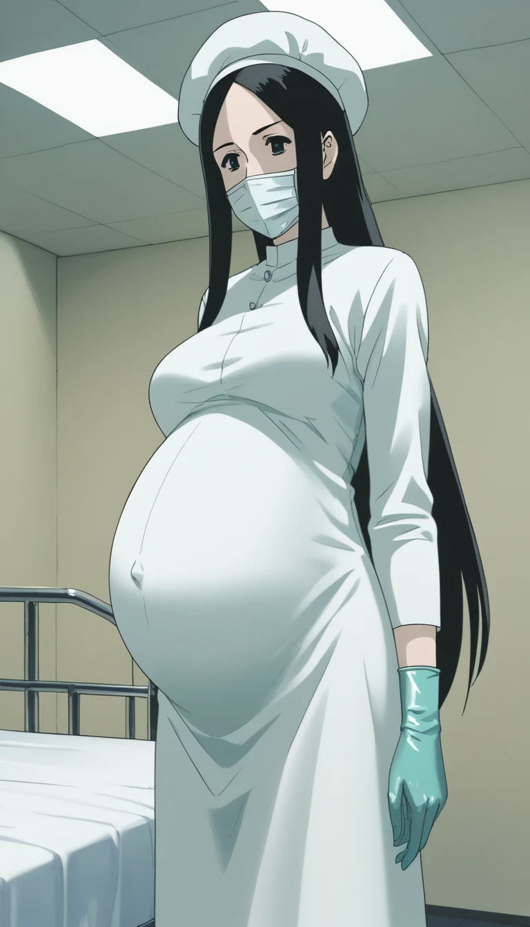 score_9,  score_8_up, score_7_up, source_anime, raw image, masterpiece, highest quality, kasuganoray, pale skin, shy eyes, long black hair, big breasts, scrubs, surgical mask, bouffant cap, long sleeve maternity dress, seamless, navel head, long white stockings,
1girl, pregnant, solo, long rubber gloves, looking down, furrowed brow, hospital bed, light shines from the ceiling, standing, patient room background, 