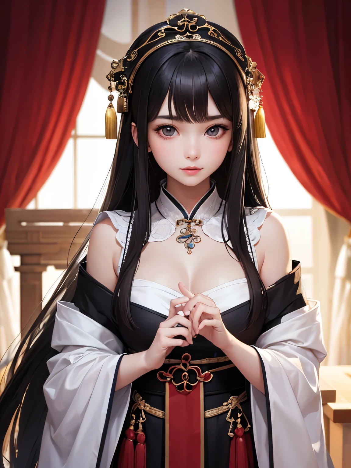 Best image quality、8K、masterpiece:1.3))、Realistic high-quality photos、Highest quality、 Beautiful Face、Photos of slim models、Beautiful girl model、Young and pretty face、Beautiful model girl、A lovely and delicate face、Black Hair、Beautiful brown eyes、Young Body、Hanfu, (Emphasize)、from the front、looking at the camera,、Anatomically correct、胸の谷間をEmphasize、whole body、27-year-old female model、fortune teller