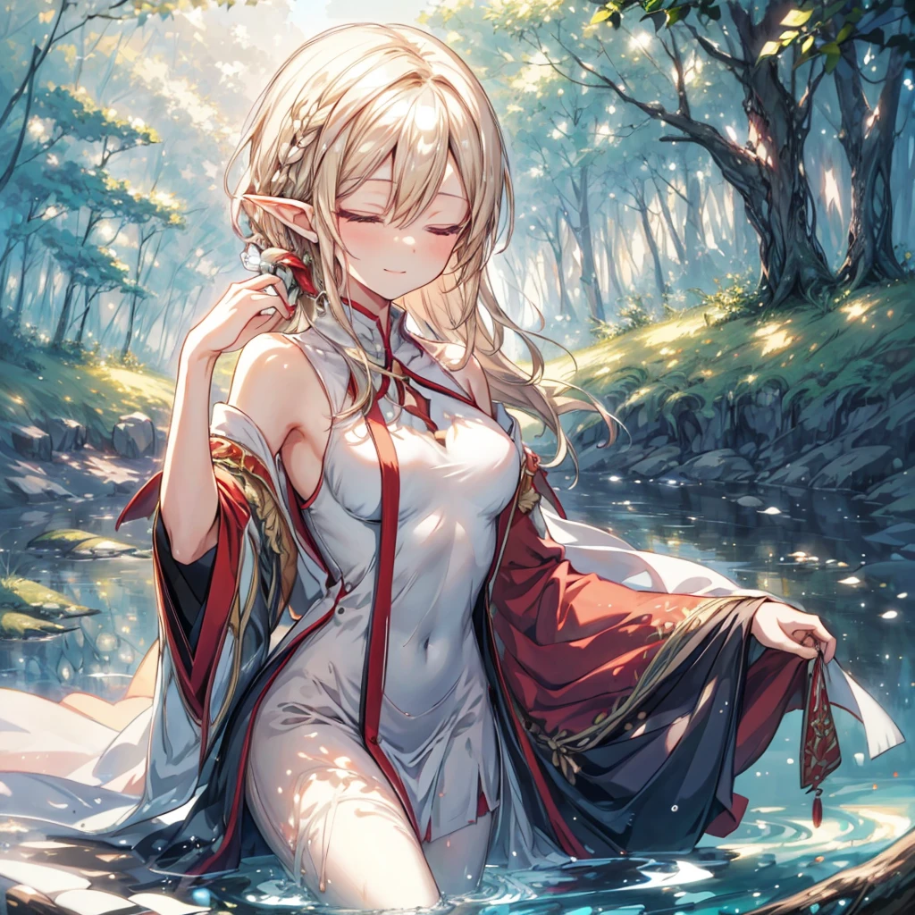 ((Highest quality)), ((masterpiece)), ((detailed)), 1woman, elf, 独奏, blonde hair, long hair, large breasts, white dress, light smile, closed eyes, fantasy, forest, water