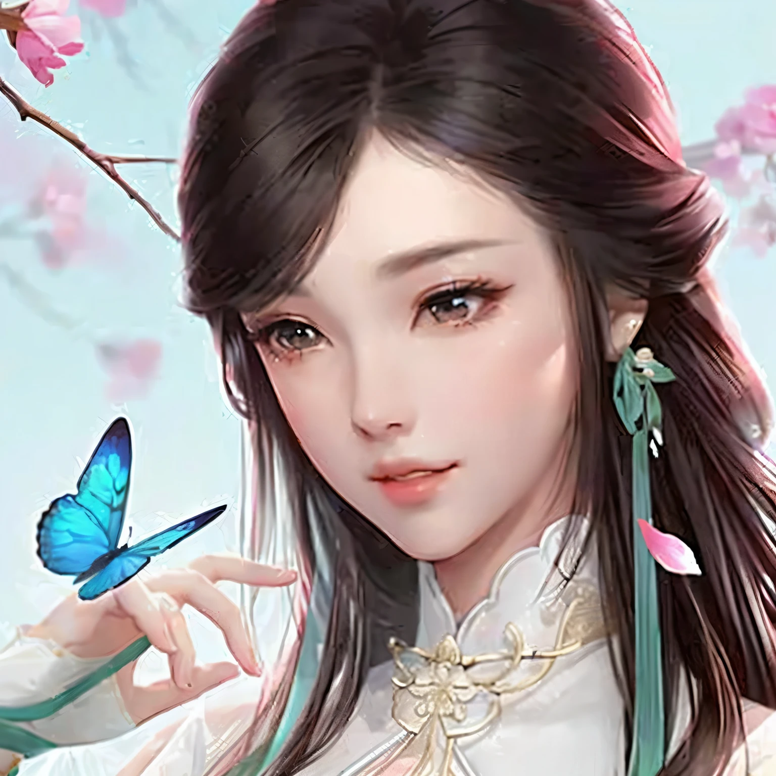 high quality,8K,Girl holding a butterfly in her hands, Chinese Fantasy, Chinese Xianxia, Girl wearing Hanfu,Plum blossom background