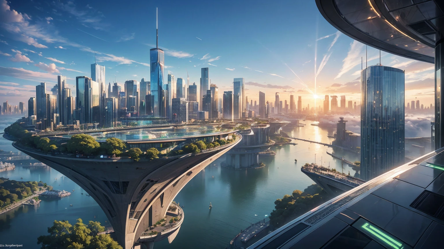 (Best quality,4K,8K,A high resolution,Masterpiece:1.2),Ultra-detailed,(Realistic,Photorealistic,photo-realistic:1.37),Futuristic floating city,Futuristic technology,Huge urban high-tech tablet platform,Airship,Floating in the sky,Futuristic city,Small airships around,High-tech hemispherical platform,Colorful lights,Advanced architecture,modernn architecture,skyscrapper,Access the cloud,Scenic beauty,view over city,Impressive design,Blend seamlessly with nature,energetic and vibrant atmosphere,Futuristic transportation system,Parking is suspended,Transparent path,Lush greenery,Sky gardens,cascading waterfalls,Magnificent skyline,reflections on the water,Sparkling river,Architectural innovation,futuristic skyscrapers,Transparent dome,The shape of the building is unusual,Elevated walkway,Impressive skyline,Glowing lights,Futuristic technology,Minimalist design,Scenic spots,Panoramic view,Cloud Piercing Tower,Vibrant colors,epic sunrise,epic sunset,Dazzling light display,magical ambiance,The future city,Urban Utopia,LuxuryLifestyle,Innovative energy,sustainable development,Smart city technology,Advanced infrastructure,Tranquil atmosphere,Nature and technology live in harmony,Awesome cityscape,Unprecedented urban planning,Architecture connects seamlessly with nature,High-tech metropolis,A cutting-edge engineering marvel,The future of urban living,Visionary architectural concept,Energy-efficient buildings,Harmony with the environment,A city floating above the clouds,Utopian dreams become reality,The possibilities are endless,State-of-the-art transportation network,Green energy integration,Innovative materials,Impressive holographic display,Advanced communication system,Breathtaking aerial view,Quiet and peaceful environment,Modernist aesthetics,Ethereal beauty