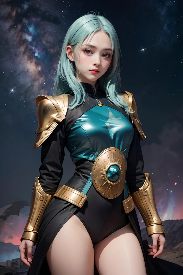 a girl with rainbow colored hair and detailed teal dress armor, standing, rainbow colored cosmic nebula background, stars, galaxies, intricate details, perfect face