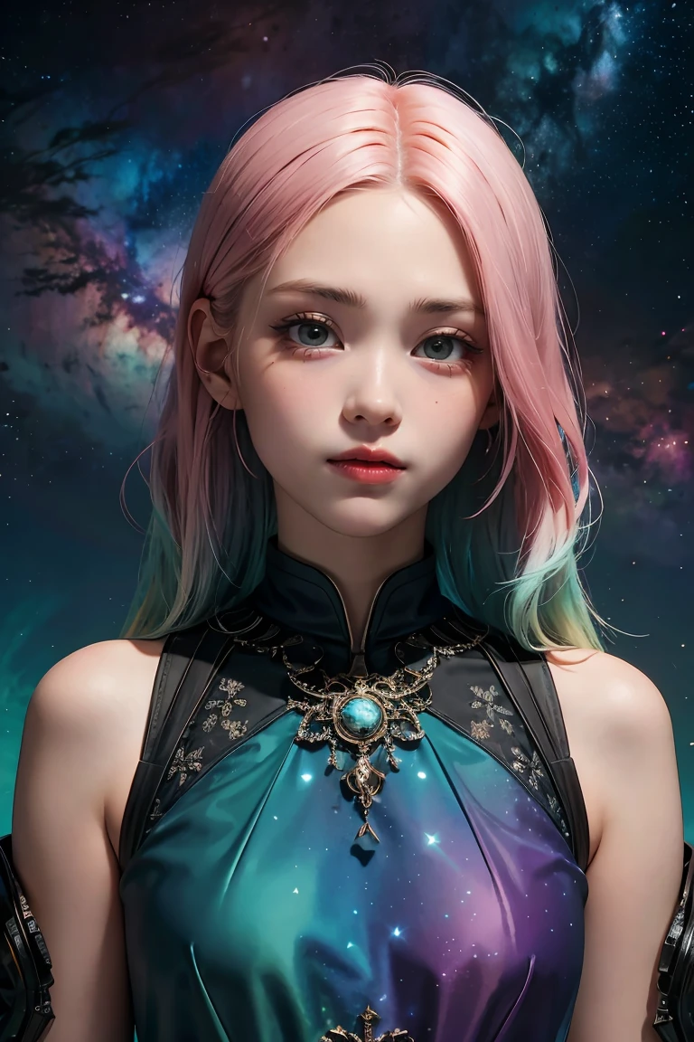 a girl with rainbow colored hair and detailed teal dress armor, standing, rainbow colored cosmic nebula background, stars, galaxies, intricate details, perfect face