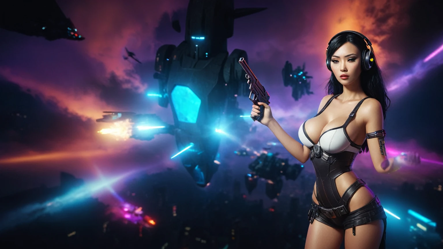 At night, dark sky, distant shot aerial view of fantasy cyberpunk style ((Moai-statue)) city, ((flying vehicle)). ((1girl, solo, alone)), medium-breast:1.1 slim body, cleavage, sexy clothes, (headphone, black sunglasses, long black realistic hair), (((hip-up standing and holding pistol))), half-body thigh level medium shot, cinematic lighting.