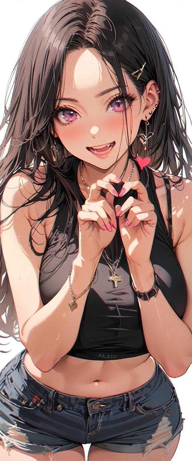 20 years old,1 mature woman,hyperrealistic, 8k, (extremely detailed 8k), (very delicate and beautiful), (masterpiece), (better quality:1.0), (ultra high resolution:1.0), (masterpiece, best quality),cute,black hair,cowboy shot,white background,realistic skin,Crop Top, Denim Shorts, Striped Knee Socks,make a heart with own hands,big breasts,excited,pink nail,tanned skin,forehead