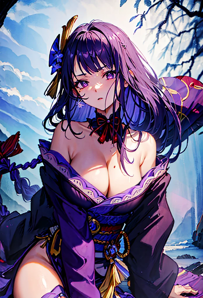 masterpiece, high-quality, 8k resolution, solo, 1 woman, dark violet hair, beauty mark, body suit under kimono, kanzashi, lavender kimono, tomoe decorations, obi, cleavage, big breast, purple eyes, Genshin Impact Raiden Shogun, Ei,