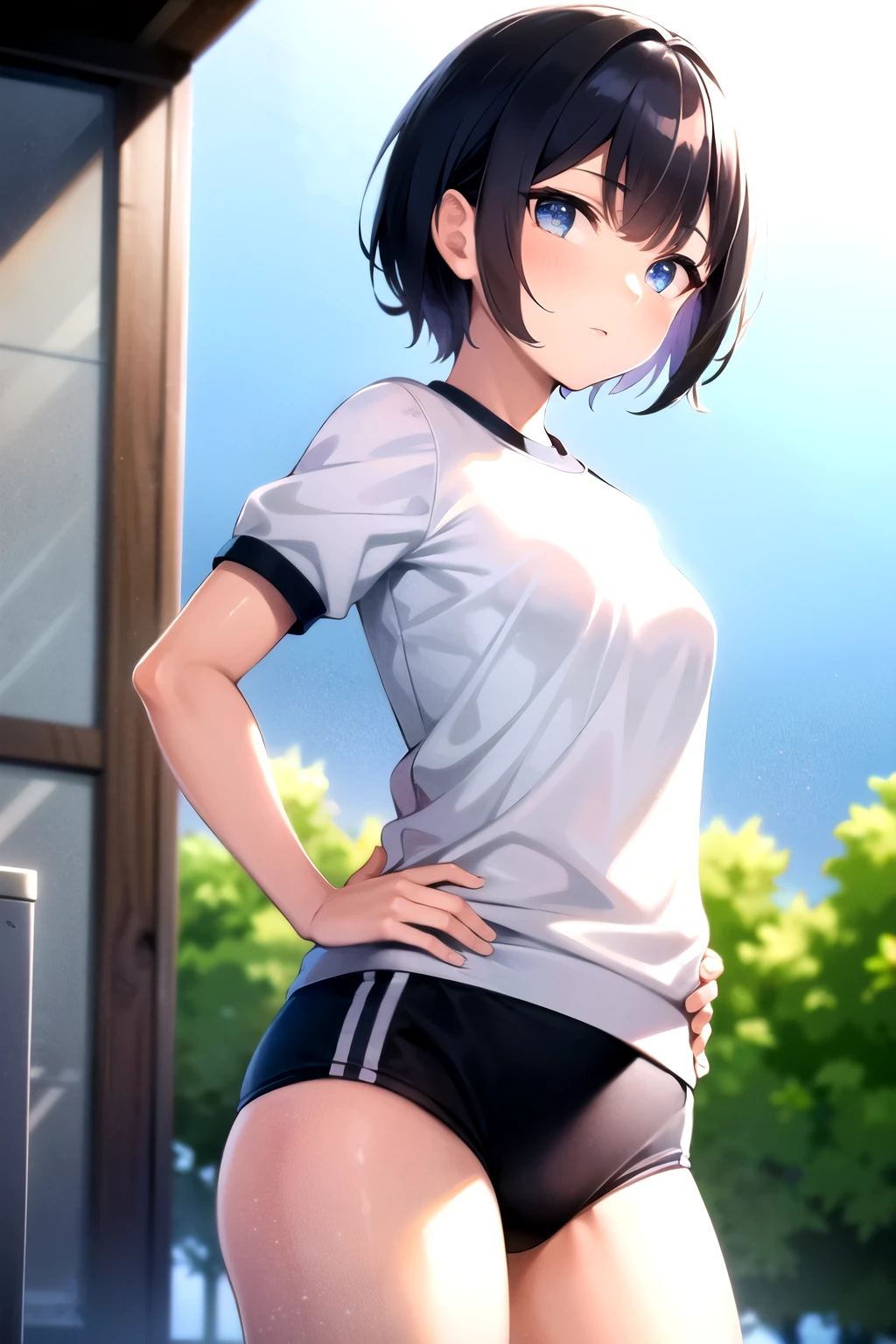 buruma, black buruma, (White short-sleeved gym uniform), School, Ground, sports festival, ((Highest quality)), ((masterpiece)), (detailed), Perfect Face, Perfect Arms, Perfect hands, Perfect Fingers, anime, Ultra-fine illustration, ((1 person)), Cute Girls, Place your hands on your hips, Blue Eyes, Gray Hair, (Beli Shorthair:1.4), bangs, Proud look, Shooting from below, Cowboy Shot, Outdoor,