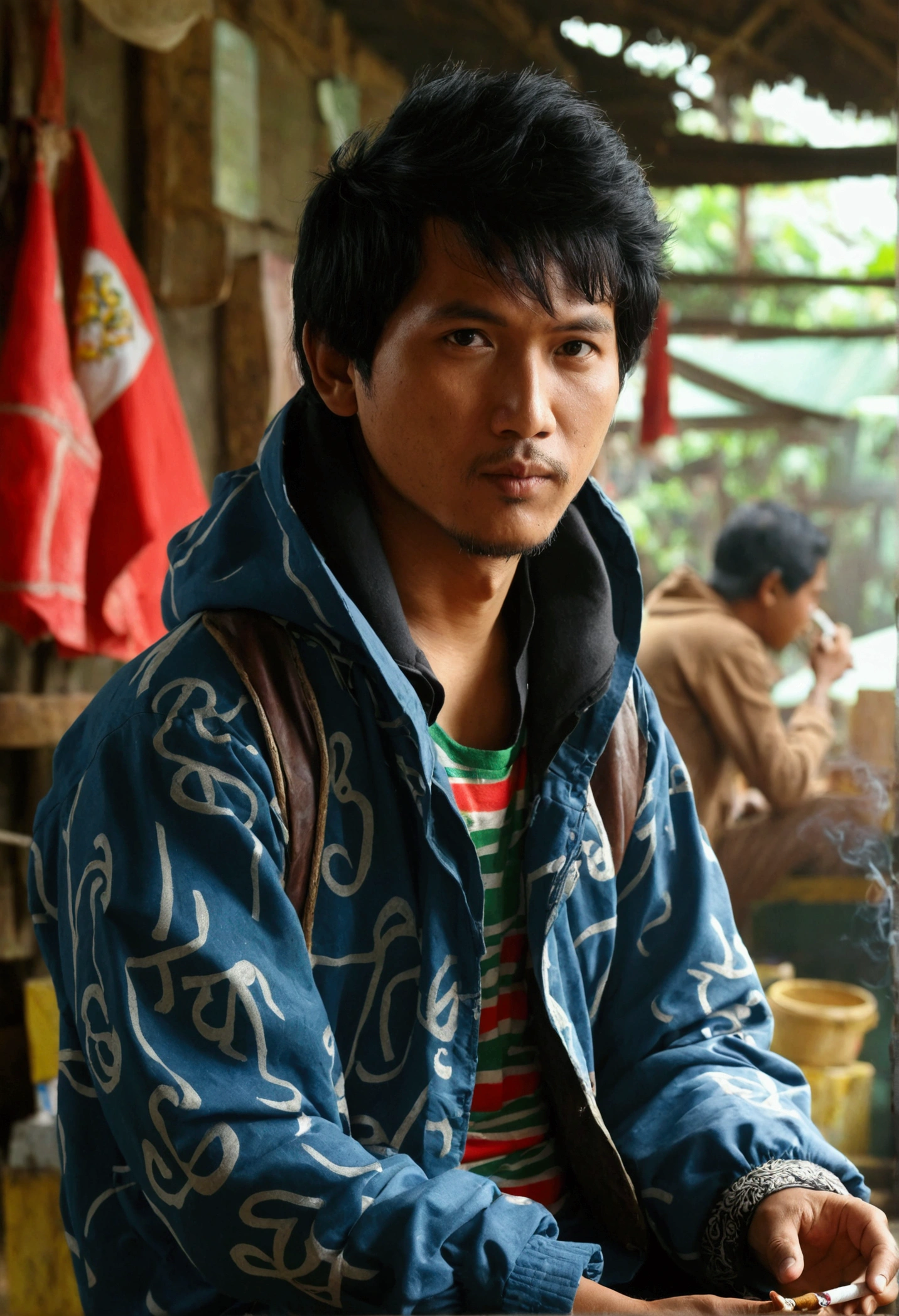 a 30-year-old Betawi Indonesian man wearing a hooded jacket with TAHTA BACCO written on his chest, holding a cigarette, sitting at a tobacco cutting place, 3d, realistic