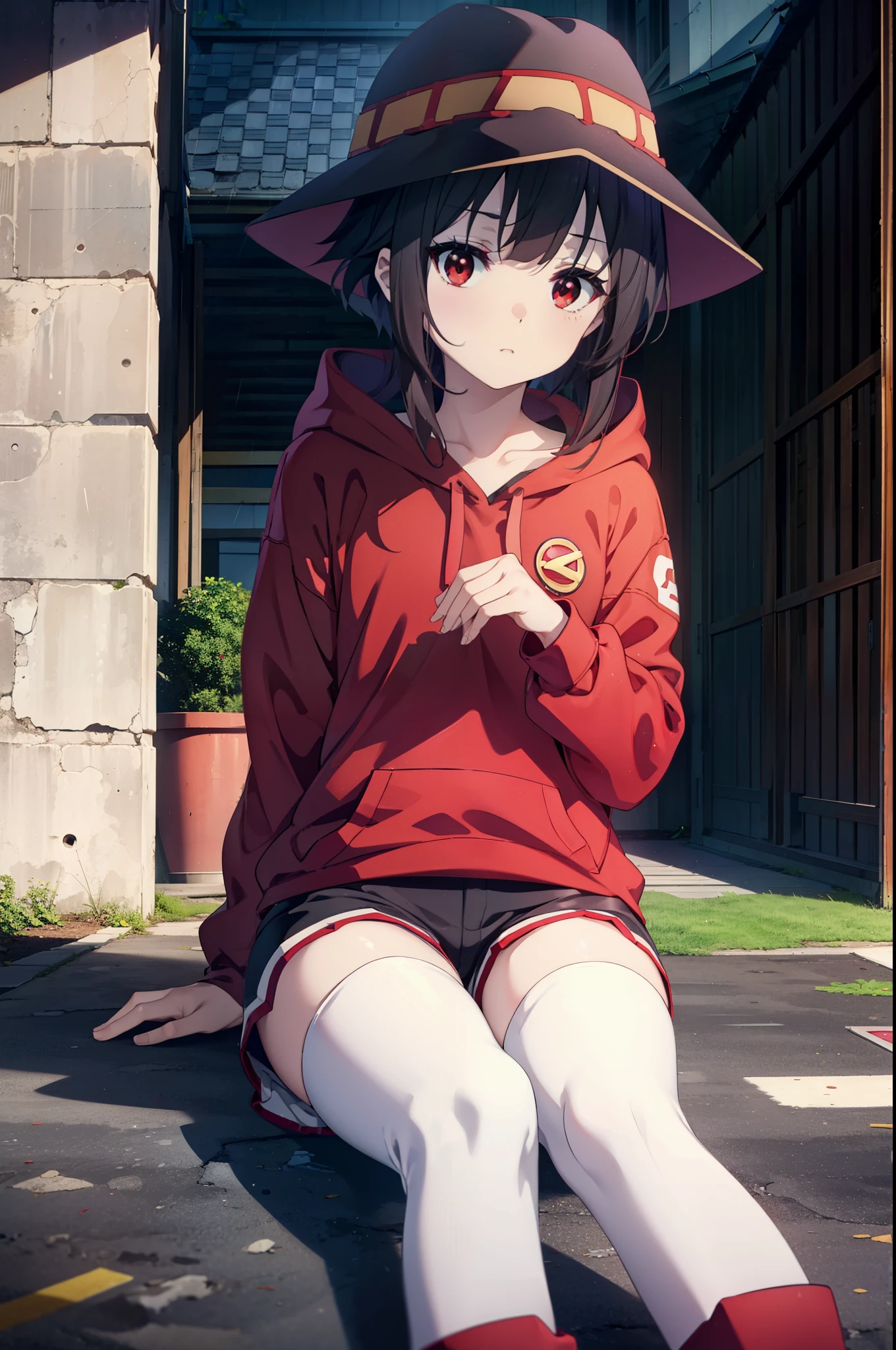 konosubaMegumin, Megumin, short hair, Black Hair, (Red eyes:1.3), short hair with long locks,Oversized red hoodie,Baseball hats,Shorts,White pantyhose,short boots,night,rain,cloudy,Hiding in a roofed building,Sitting on the stairs,whole bodyがイラストに入るように,
break indoors ,Alley,
break looking at viewer, whole body,
break (masterpiece:1.2), Highest quality, High resolution, unity 8k wallpaper, (figure:0.8), (Beautiful attention to detail:1.6), Highly detailed face, Perfect lighting, Highly detailed CG, (Perfect hands, Perfect Anatomy),