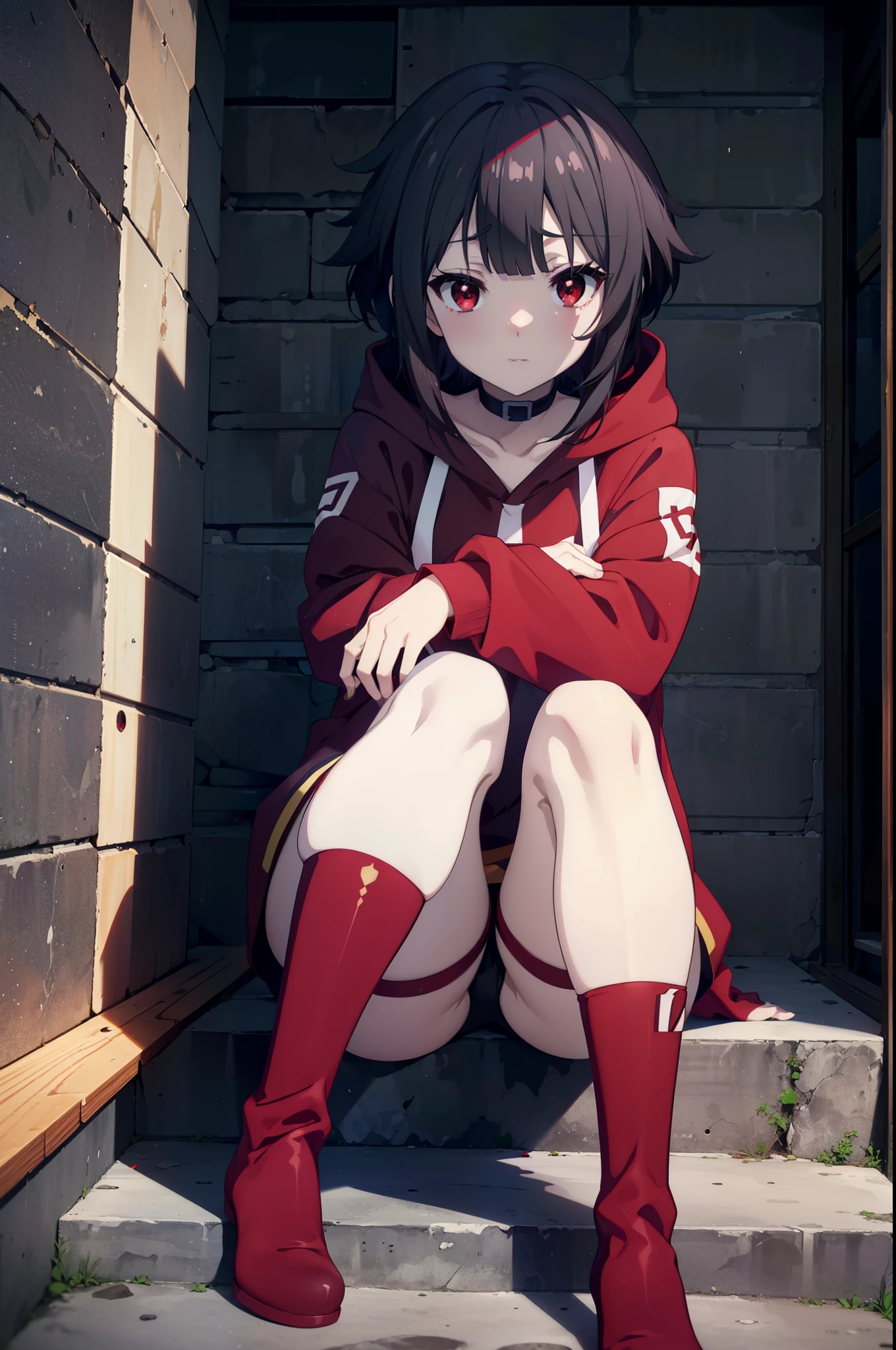 konosubaMegumin, Megumin, short hair, Black Hair, (Red eyes:1.3), short hair with long locks,Oversized red hoodie,Baseball hats,Shorts,White pantyhose,short boots,night,rain,cloudy,Hiding in a roofed building,Sitting on the stairs,whole bodyがイラストに入るように,
break indoors ,Alley,
break looking at viewer, whole body,
break (masterpiece:1.2), Highest quality, High resolution, unity 8k wallpaper, (figure:0.8), (Beautiful attention to detail:1.6), Highly detailed face, Perfect lighting, Highly detailed CG, (Perfect hands, Perfect Anatomy),