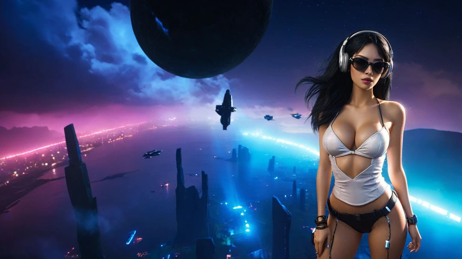 At night, dark sky, distant shot aerial view of fantasy cyberpunk style ((Moai-statue)) city, ((flying vehicle)). ((1girl, solo, alone)), medium-breast:1.1 slim body, cleavage, sexy clothes, (headphone, black sunglasses, long black realistic hair), (((hip-up standing and holding pistol))), half-body thigh level medium shot, cinematic lighting.