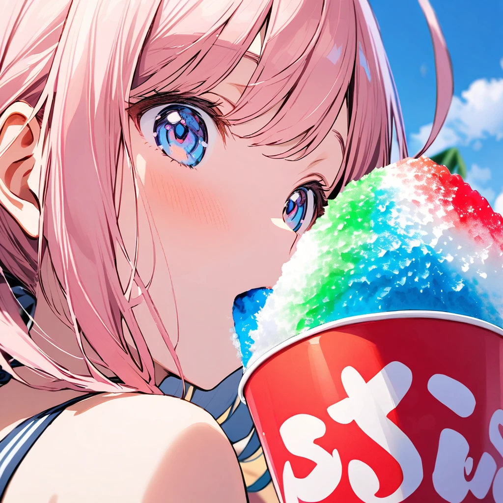 Girls in swimsuits, attractive close-ups of girls, girls in swimsuits eating shaved ice on a giant shaved ice,