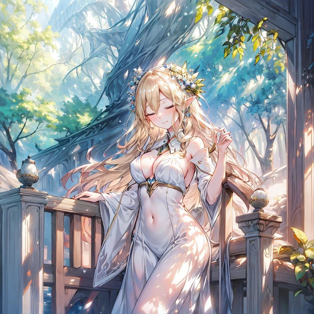 ((Highest quality)), ((masterpiece)), ((detailed)), 1woman, elf, 独奏, blonde hair, long hair, large breasts, white dress, light smile, closed eyes, fantasy, forest, water
