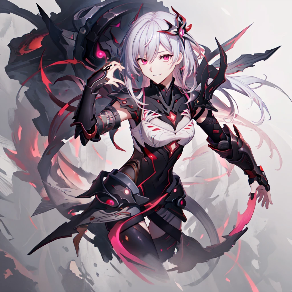 [(white background:0.9), ::2],1girl, solo, masterpiece, best quality, (extremely detailed CG unity 8k wallpaper), (best quality), (best illustration), (best shadow), absurdres, realistic lighting, (Abyss), beautiful detailed glow, anime, close up shot, dark sakura, pink eyes red eyes gradient eyes, white hair, herrscher, Herrscher of the Void, black armour, Honkai impact, smirk