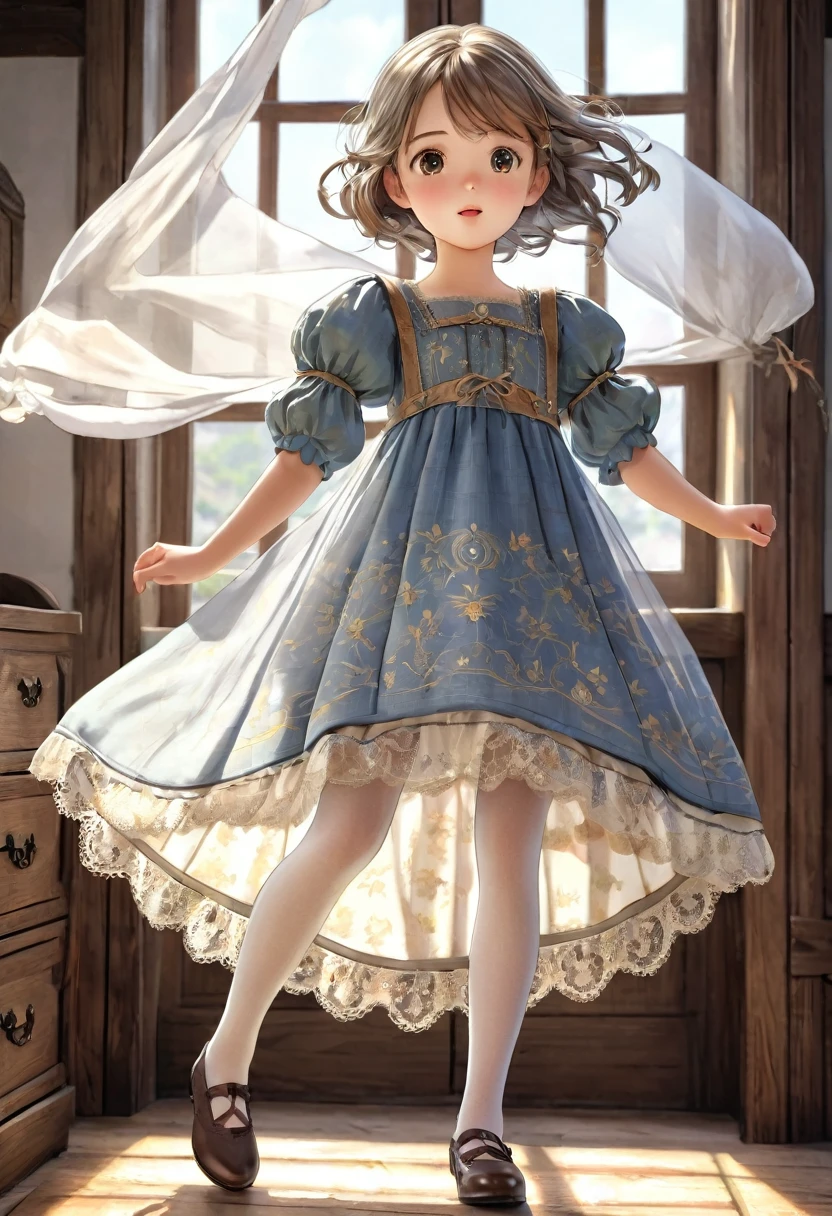 10 year old girl underwear, Realistic bloomers made from patterned cotton fabric, , Medieval one-piece dress with panniers, Fabric Realism, Low - Angle, You can see the drawer, Pull up the dress by hand, Strong winds, Translucent slip, Translucent slip, tights, Highest quality, Crotch close-up, whole body
