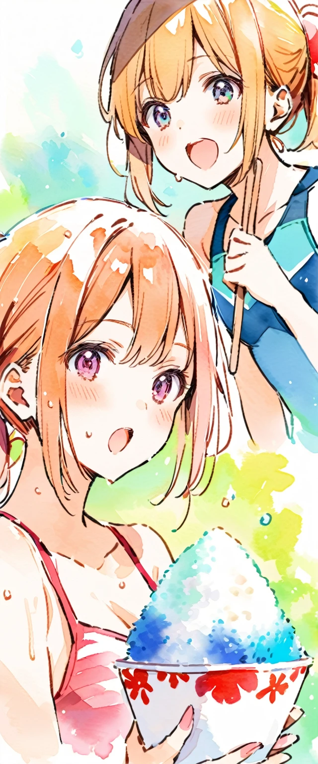 Girls in swimsuits, attractive close-ups of girls, girls in swimsuits eating shaved ice on a giant shaved ice,
