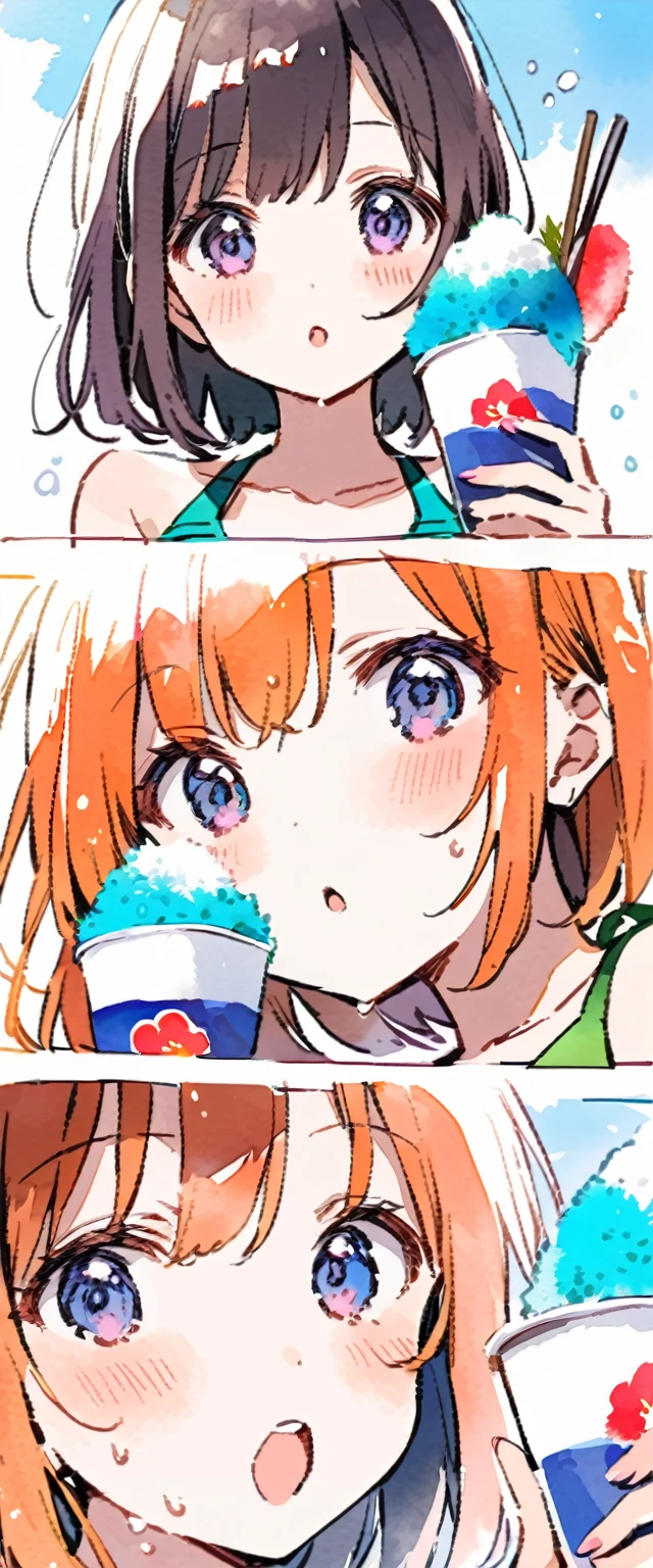 Girls in swimsuits, attractive close-ups of girls, girls in swimsuits eating shaved ice on a giant shaved ice,