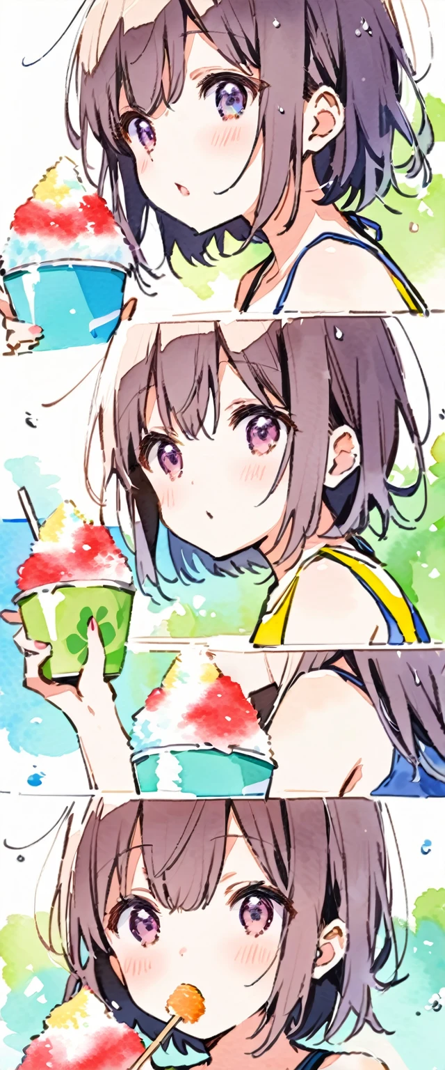 Girls in swimsuits, attractive close-ups of girls, girls in swimsuits eating shaved ice on a giant shaved ice,