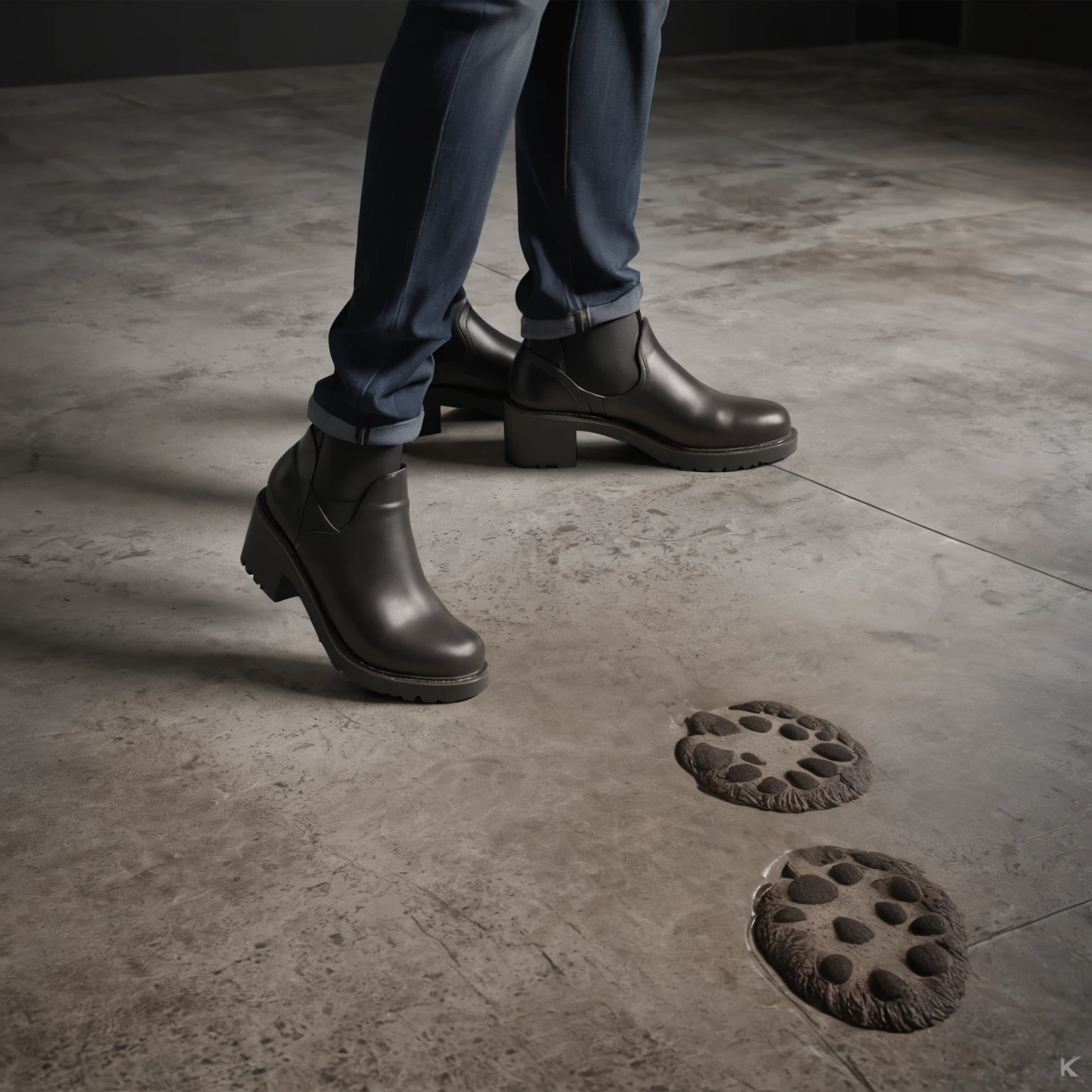 a high heel standing on the print of a bigfoot, on concrete floor, 3d render, album cover, (best quality,4k,8k,highres,masterpiece:1.2),ultra-detailed,(realistic,photorealistic,photo-realistic:1.37),detailed concrete floor, detailed bigfoot footprint, detailed high heel, dramatic lighting, cinematic composition, moody atmosphere, dark and gritty, urban setting, industrial style